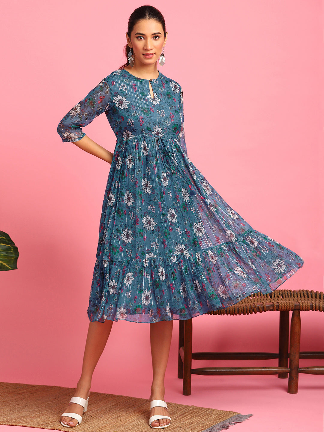 Blue Poly Georgette Floral Flared Western Dress - Janasya Wholesale Janasya Wholesale INT Blue Poly Georgette Floral Flared Western Dress - Janasya Wholesale Janasya Wholesale INT