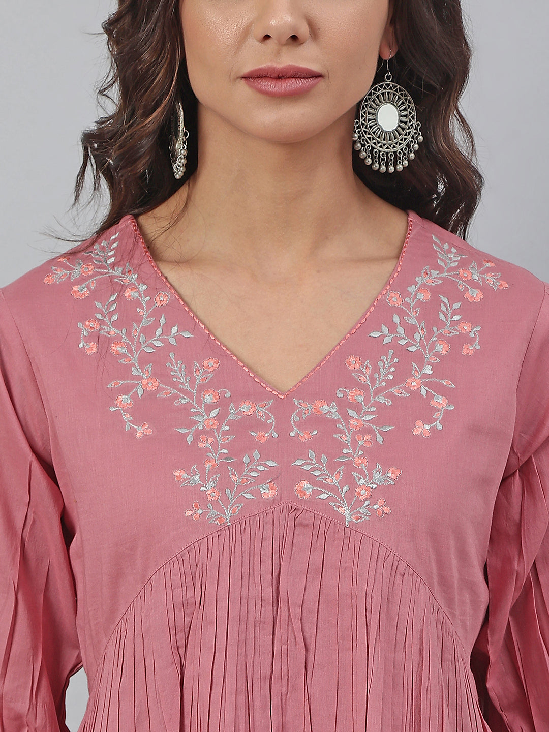 Pink Cotton Embroidered Fit and Flared Top Janasya