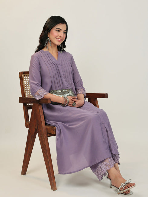 Lavender Muslin Embroidered Sleeve Pleated A-Line Kurta Set