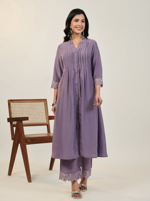 Lavender Muslin Embroidered Sleeve Pleated A-Line Kurta Set