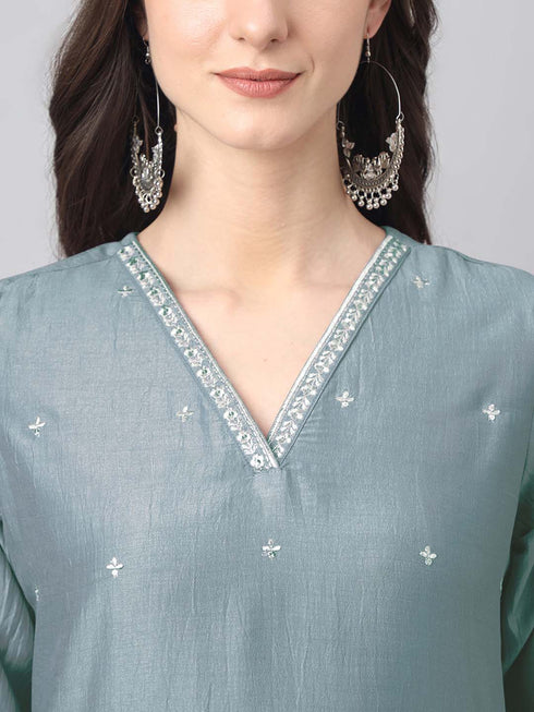 Ice Blue Chinnon Embroidered Regular Kurta Set