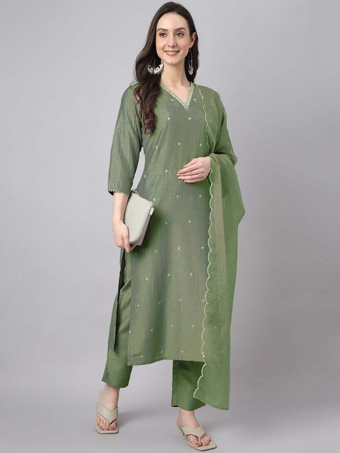 Green Chinnon Embroidered Regular Kurta set