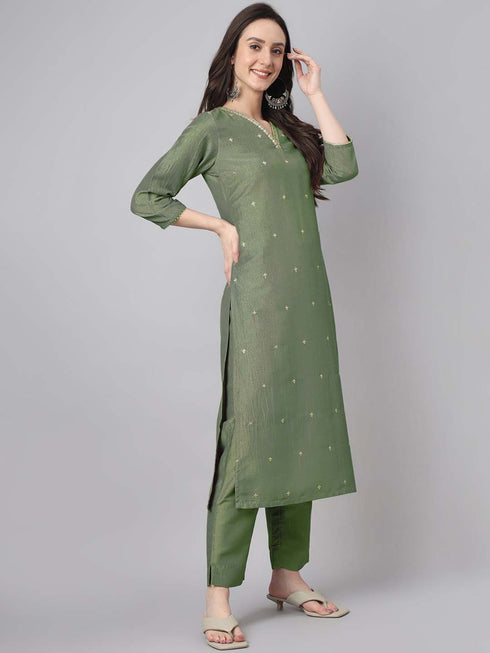Green Chinnon Embroidered Regular Kurta set