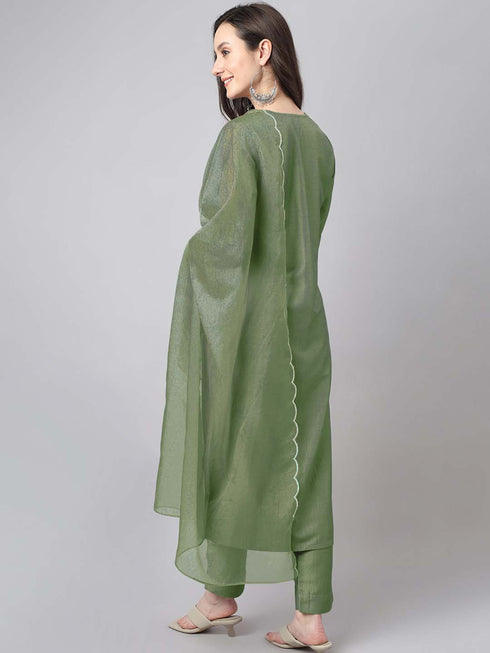 Green Chinnon Embroidered Regular Kurta set