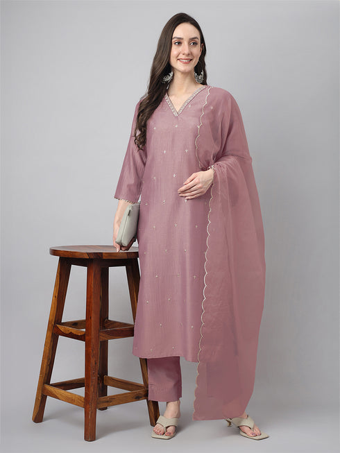 Mauve Chinnon Embroidered Regular Kurta Set
