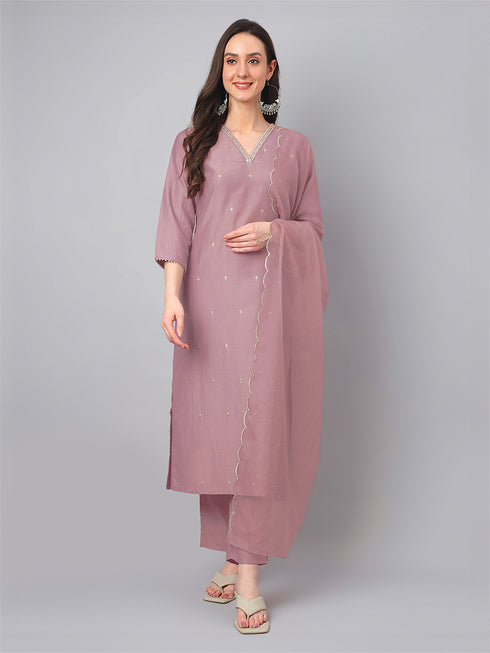 Mauve Chinnon Embroidered Regular Kurta Set