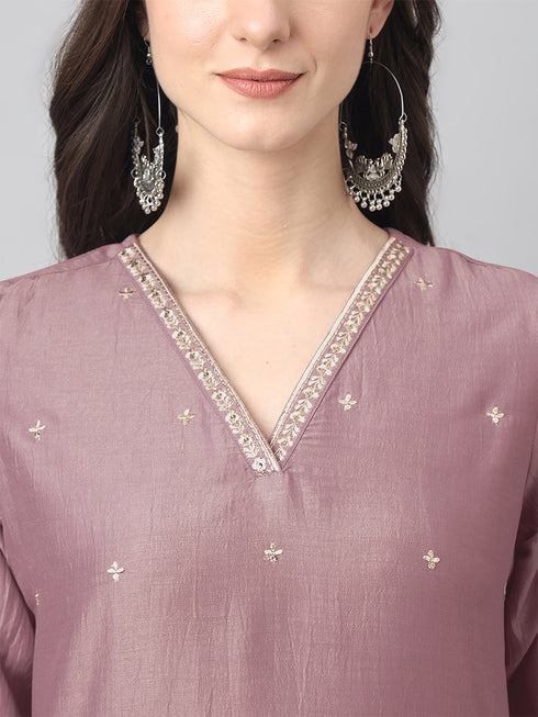 Mauve Chinnon Embroidered Regular Kurta Set
