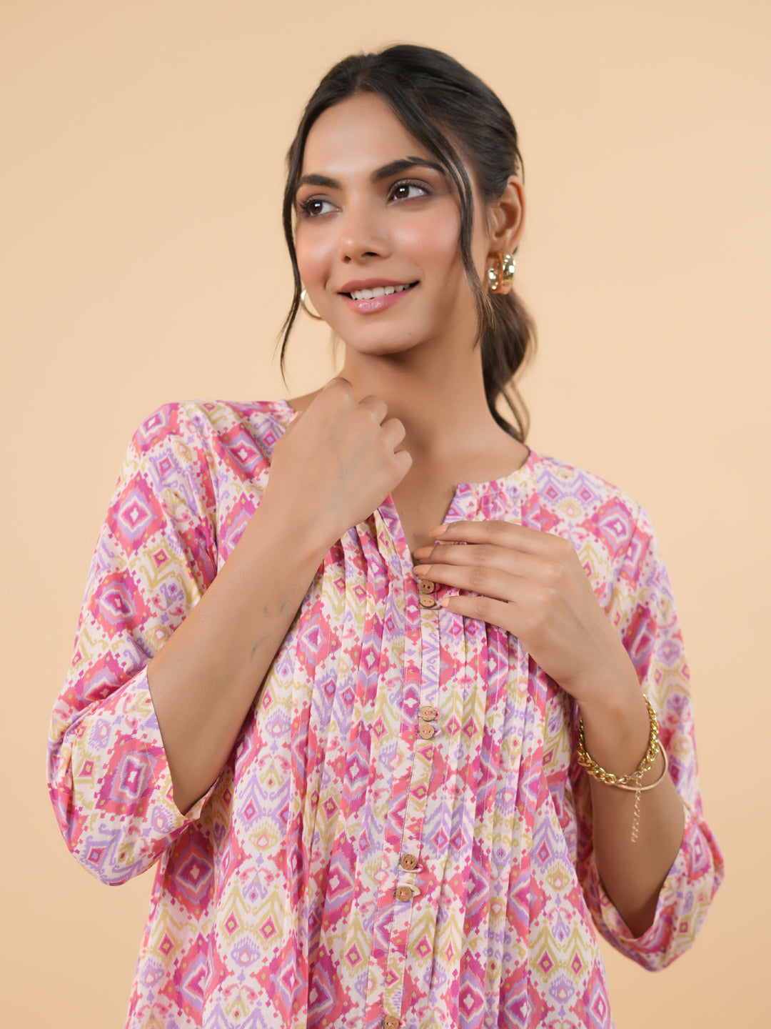 Pink Cotton Ikkat Pleated Tunic