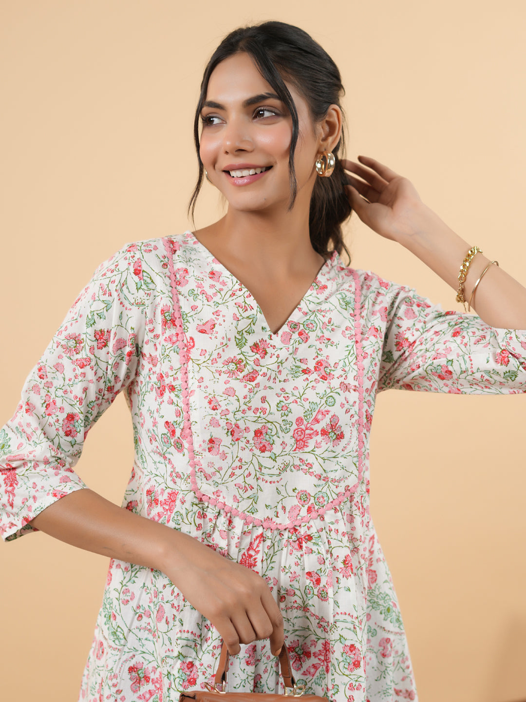 White Cotton Floral A-Line Tunic