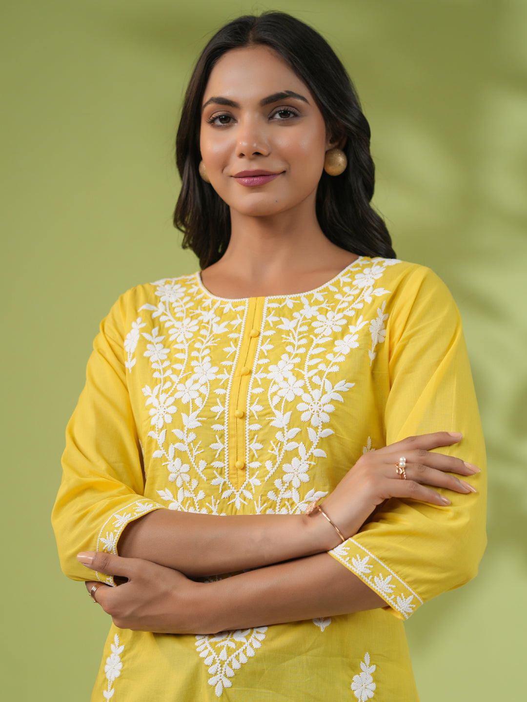 Yellow Cotton Chikankari Regular Tunic