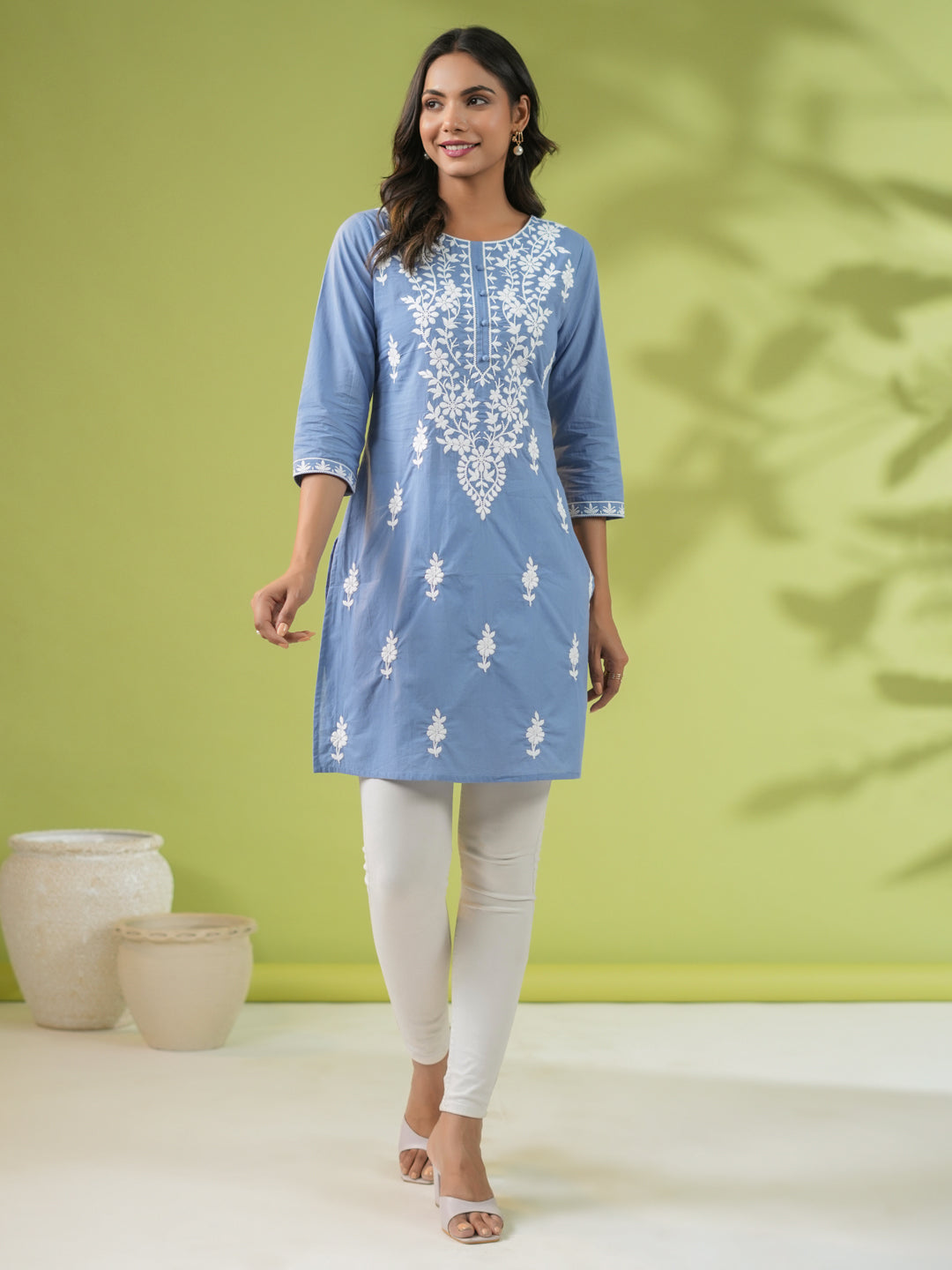 Blue Cotton Embroidered Regular Tunic - Blue / M