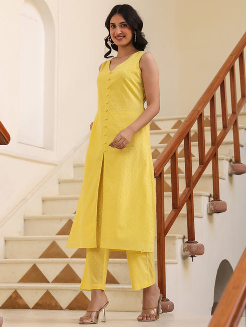 Yellow Dobby Pure Cotton Self Design Straight Kurta Pant Set