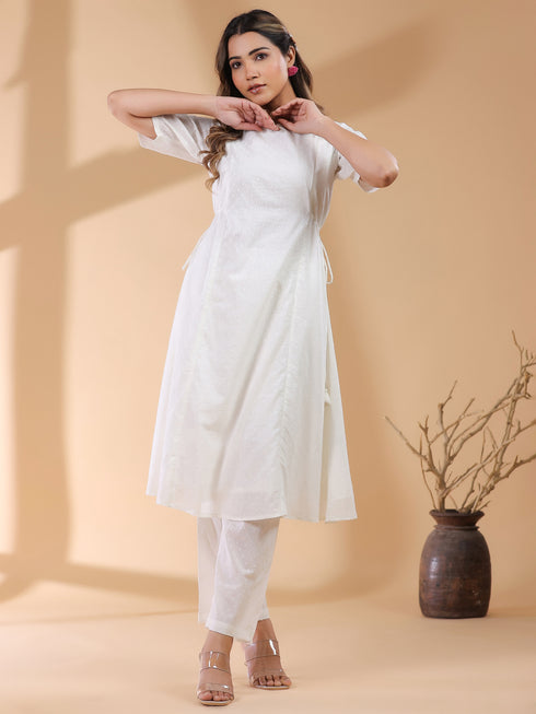 Off White Dobby Pure Cotton Self Design A-line Kurta Pant Set