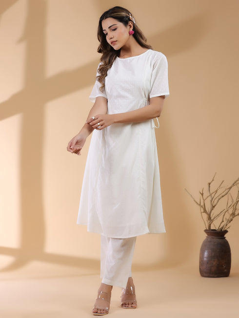 Off White Dobby Pure Cotton Self Design A-line Kurta Pant Set