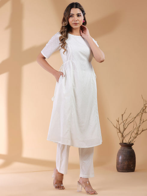 Off White Dobby Pure Cotton Self Design A-line Kurta Pant Set