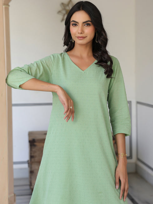 Green Dobby Pure Cotton Self Design A-line Kurta with Cullote Pant Set
