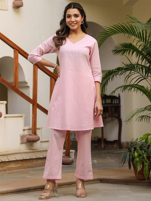 Light Pink Dobby Pure Cotton Self Design A-line Co-ord Set