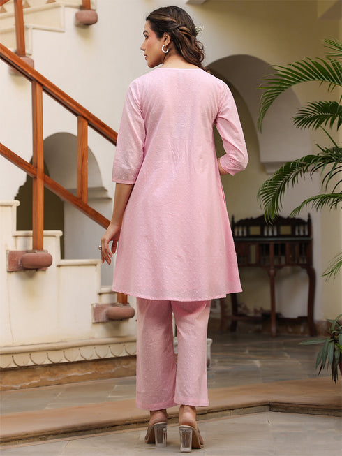 Light Pink Dobby Pure Cotton Self Design A-line Co-ord Set
