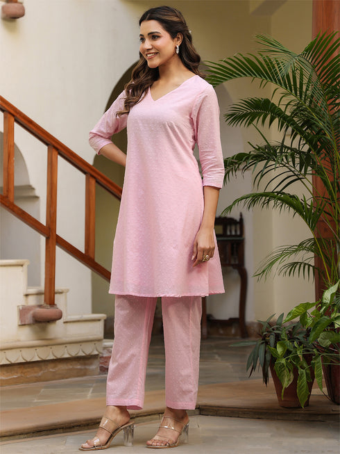 Light Pink Dobby Pure Cotton Self Design A-line Co-ord Set