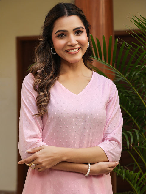 Light Pink Dobby Pure Cotton Self Design A-line Co-ord Set