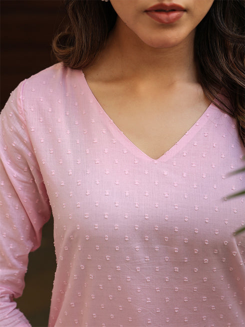 Light Pink Dobby Pure Cotton Self Design A-line Co-ord Set