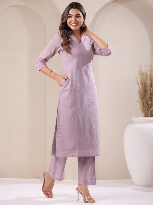 Lavender Dobby Pure Cotton Self Design Straight Kurta Pant Set