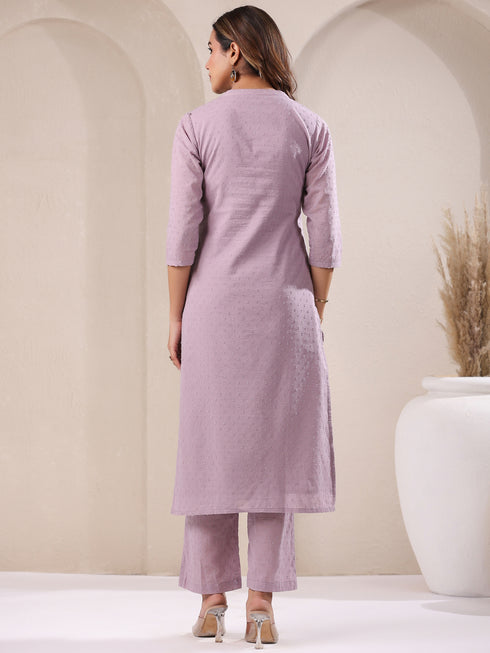 Lavender Dobby Pure Cotton Self Design Straight Kurta Pant Set