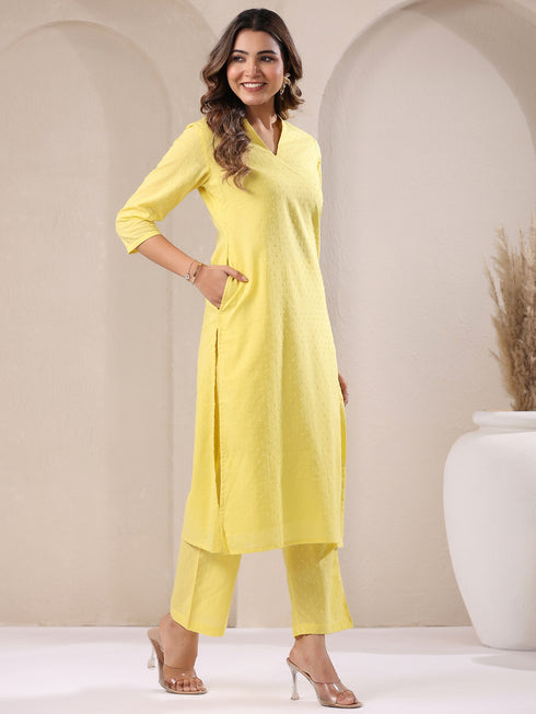 Yellow Dobby Pure Cotton Self Design Straight Kurta Pant Set