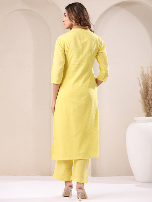 Yellow Dobby Pure Cotton Self Design Straight Kurta Pant Set