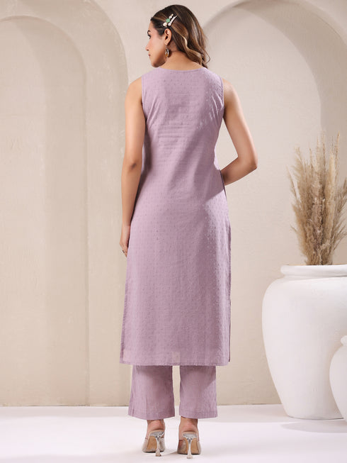 Lavender Pure Dobby Cotton Self Design Straight Kurta Pant Set