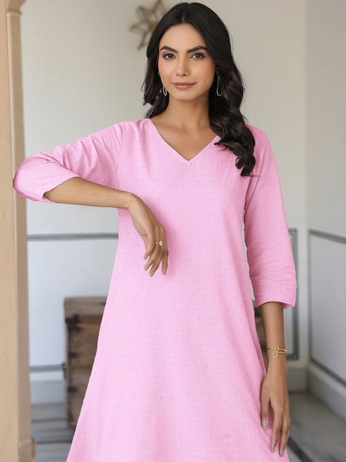 Pink Dobby Pure Cotton Self Design A-line Kurta with Culotte Pant Set