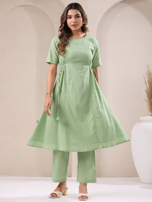 Green Dobby Pure Cotton Self Design A-line Kurta Pant Set