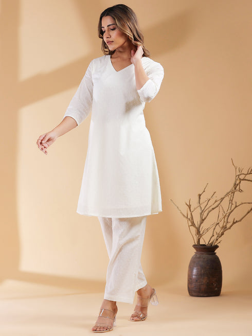 Off White Dobby Pure Cotton Self Design A-line Co-ords Set