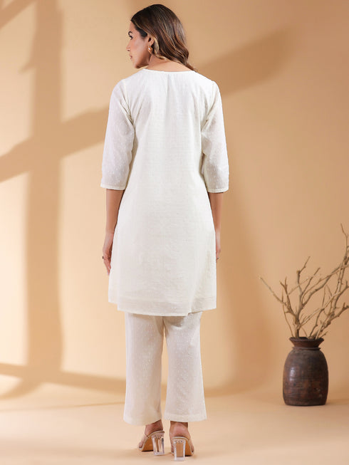 Off White Dobby Pure Cotton Self Design A-line Co-ords Set