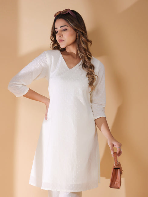 Off White Dobby Pure Cotton Self Design A-line Co-ords Set