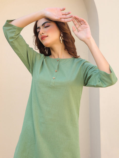 Green Cotton Solid A-line Co-ords Set