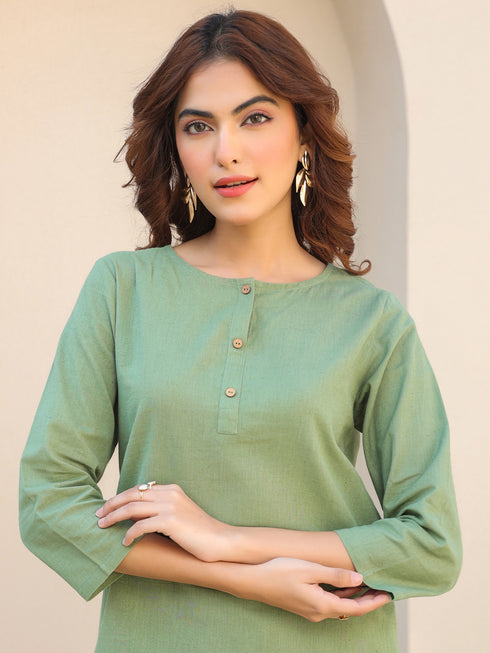 Green Cotton Solid A-line Co-ords Set