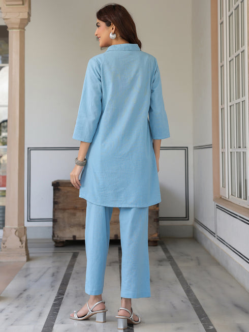 Light Blue Cotton Solid A-line Co-ord Set