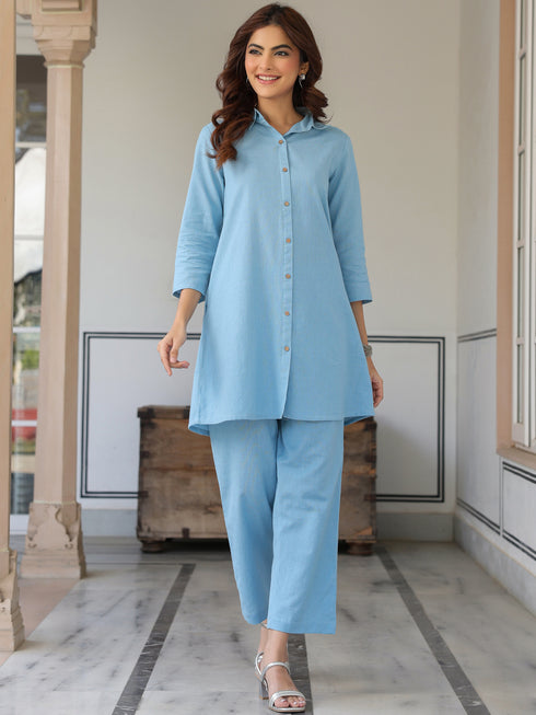 Light Blue Cotton Solid A-line Co-ord Set