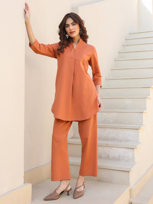 Rust Cotton Solid A-line Co-ord Set