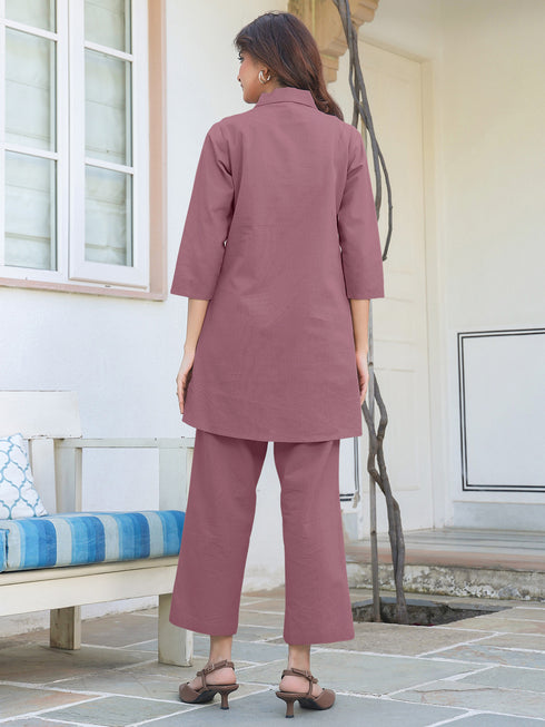 Mauve Cotton Solid A-line Co-ord Set