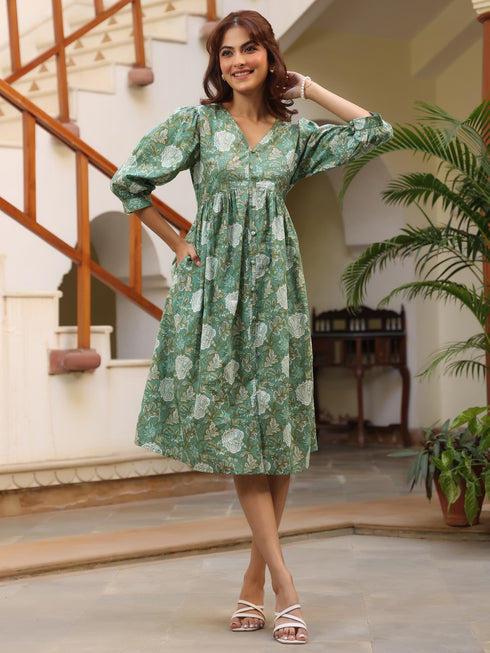 Sage Green Pure Cotton Floral Printed A-line Dress