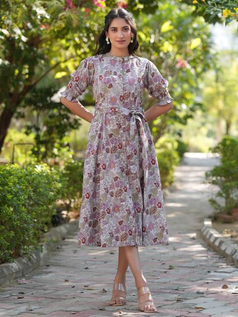 Light Grey Pure Cotton Floral Printed A-line Dress