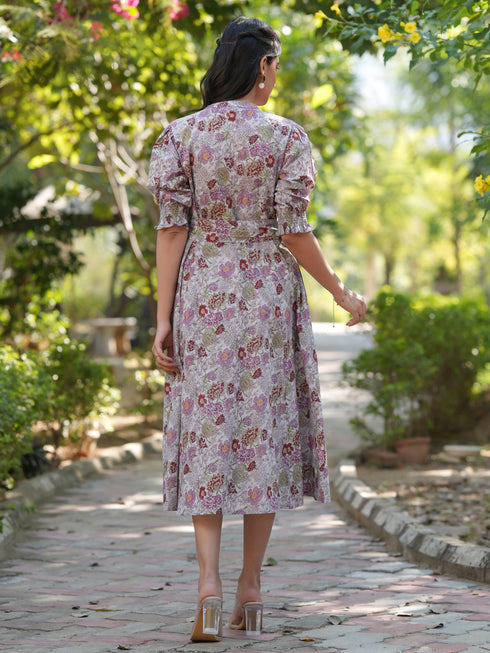 Light Grey Pure Cotton Floral Printed A-line Dress