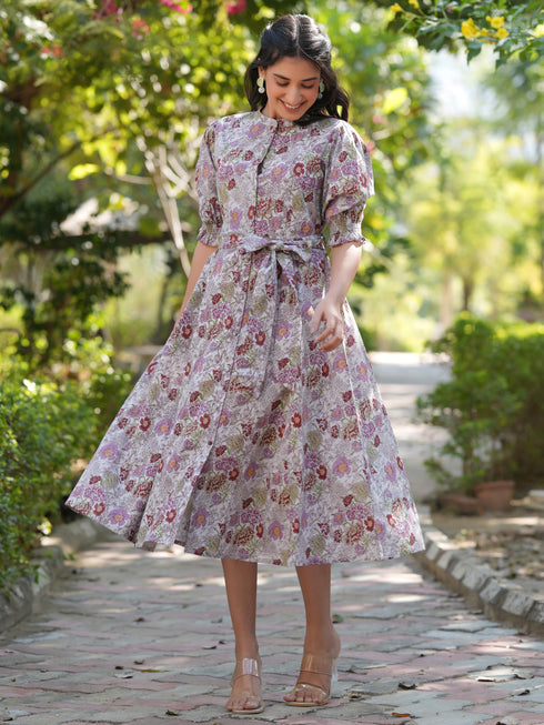 Light Grey Pure Cotton Floral Printed A-line Dress