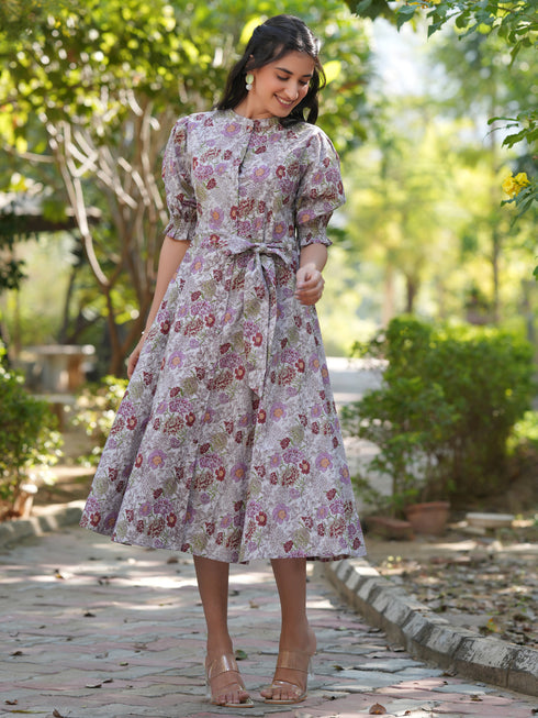 Light Grey Pure Cotton Floral Printed A-line Dress