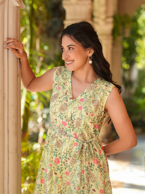Light Green Georgette Floral Printed A-line Dress