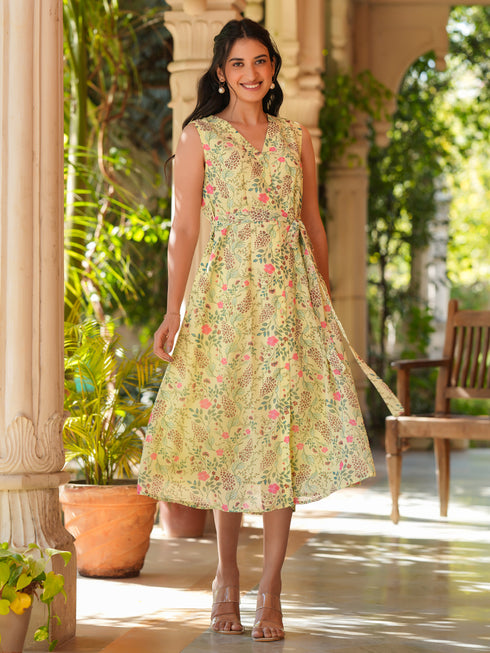 Light Green Georgette Floral Printed A-line Dress