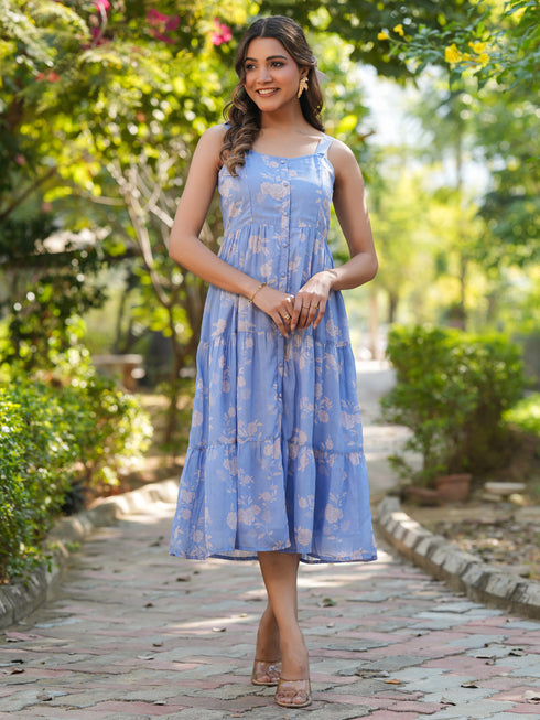 Light Blue Georgette Floral Printed Tiered Dress