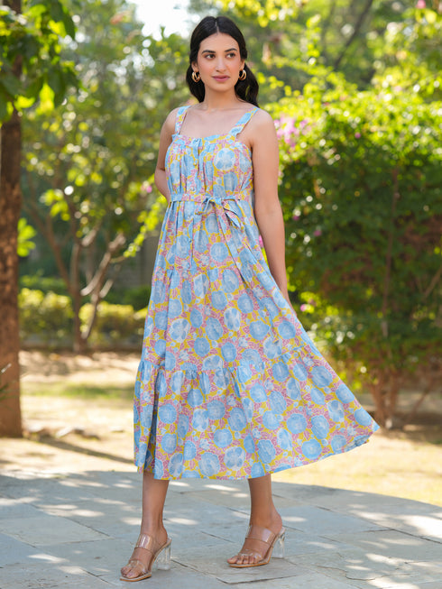 Light Blue Pure Cotton Floral Printed Tiered Dress